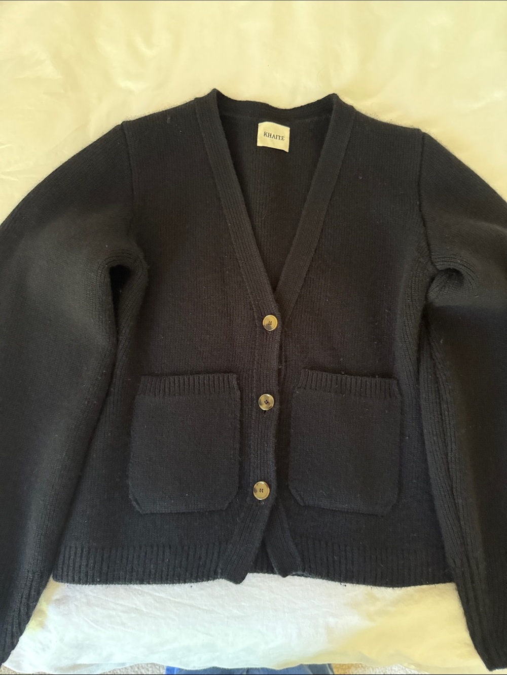 KHAITE Black Wool V-Neck Button Cardigan with Patch Pockets